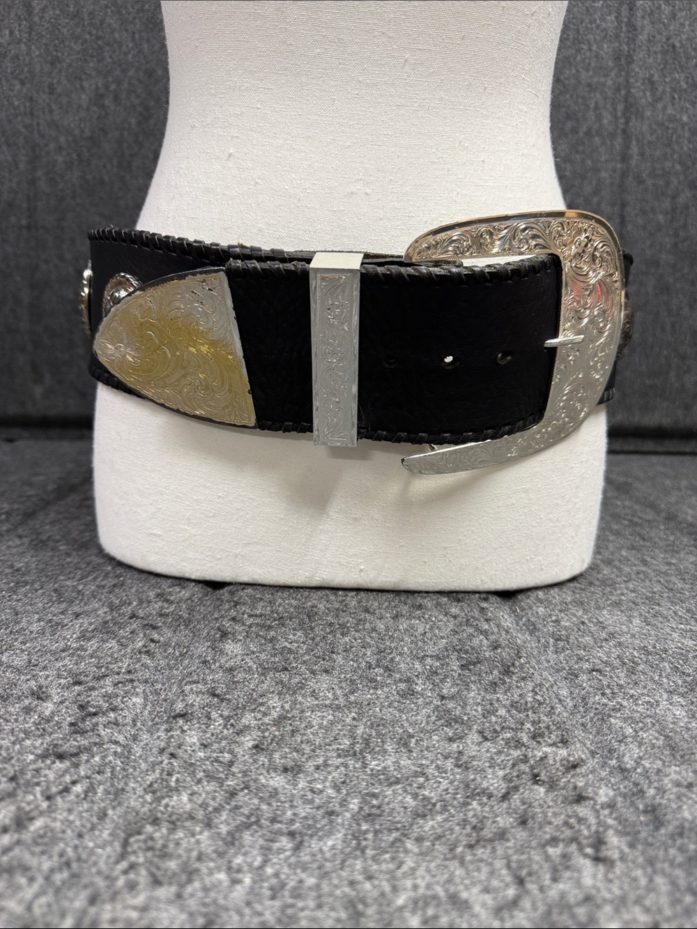 Big AL Vintage Western Black Leather Belt with Silver Engraved Buckle
